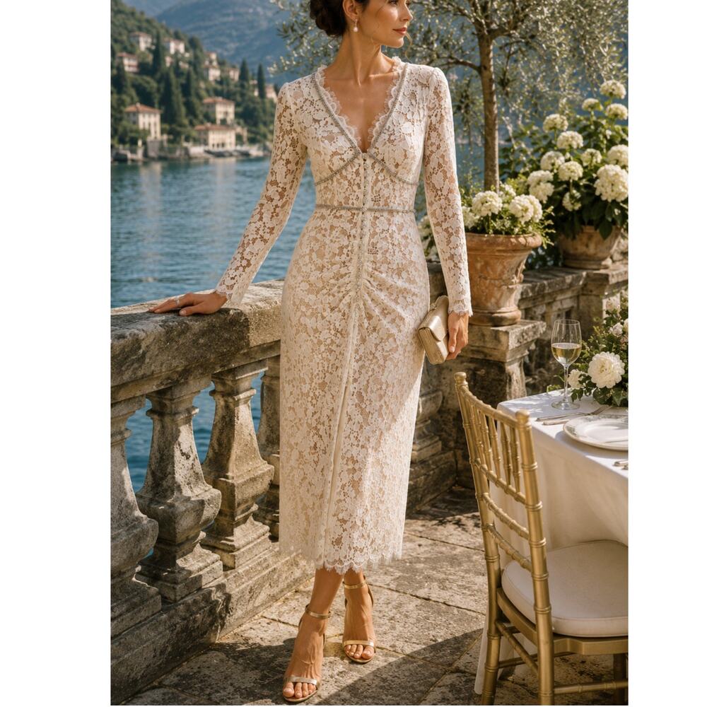 Self-Portrait Crystal Embellished Cord Lace Midi Dress Ivory Bridal US 8 - Picture 3 of 16
